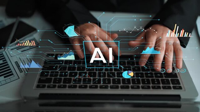 Hands typing on laptop keyboard with AI concept and analytics graphics in background for technology and business themes. Entropy.