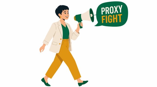 Person holding megaphone with proxy fight speech bubble.