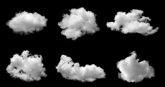 Set of realistic fluffy white cloud formations isolated on black background, featuring soft cumulus vapor shapes for weather design, sky compositing, fantasy scenes, overlays, and atmospheric effects.