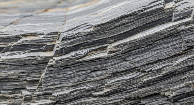 High resolution macro shot of gray metamorphic rock with foliated layers and jagged mineral ridges
