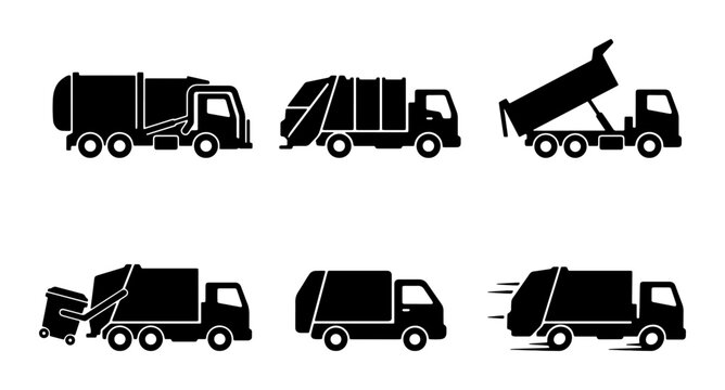 Set of Six Black Silhouette Garbage Trucks, Waste Management Vehicles, Sanitation Trucks, Recycling Collection Icons, Industrial Transport, Commercial Service Vector Graphics