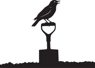 Obraz premium Silhouette of a Bird Perched on a Garden Shovel Handle on White Background