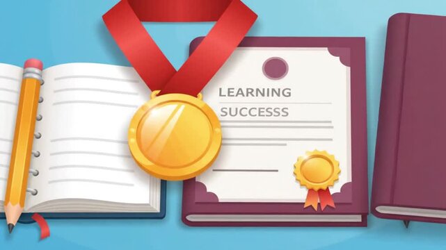 Academic success concept with gold medal, certificate of learning achievement, and textbooks on blue background
