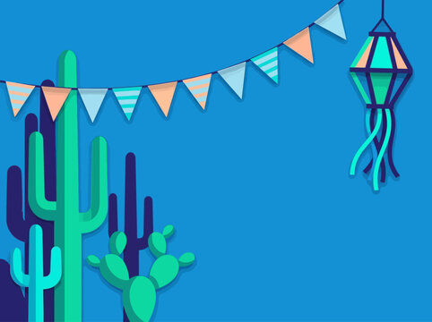 Brazilian Festa Junina Celebration Background with Paper Cut Cactus, Flags, and Lantern