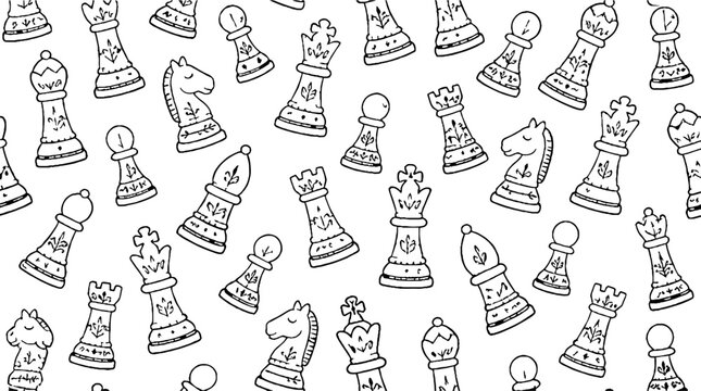 Scattered chess pieces in black and white illustration.