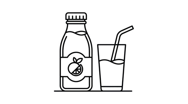 Orange juice bottle and glass with straw line art.