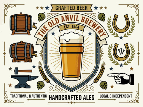 Retro Craft Beer Branding Kit: Brewery Logo, Pint Glass, Barrels, Anvil, and Hops Illustration