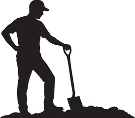 Silhouette of a Man Holding a Shovel Standing on Dirt Pile © Picture Paradise