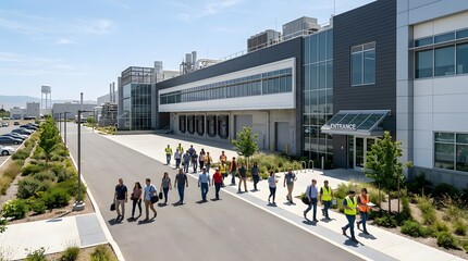 Obraz premium Diverse Team Walking Outside a Modern Industrial Facility