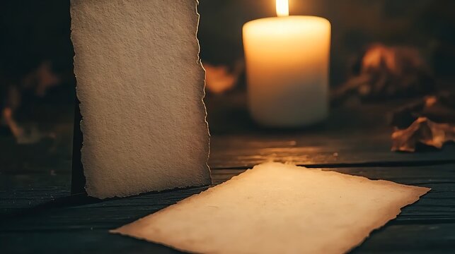 Aged paper sheets on wooden surface