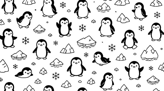 Cute Penguin Pattern with Snowflakes and Icebergs.