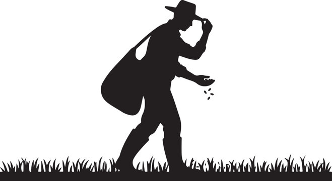 Silhouette of a Farmer Sowing Seeds in a Field on White Background