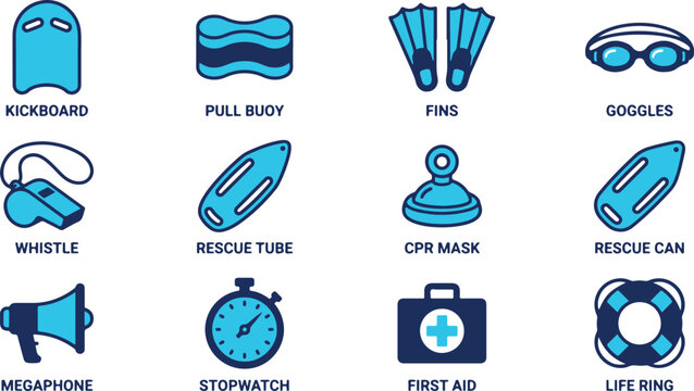 Essential aquatic gear and safety equipment collection featuring a variety of swim accessories and lifeguard rescue tools as flat vector icons.