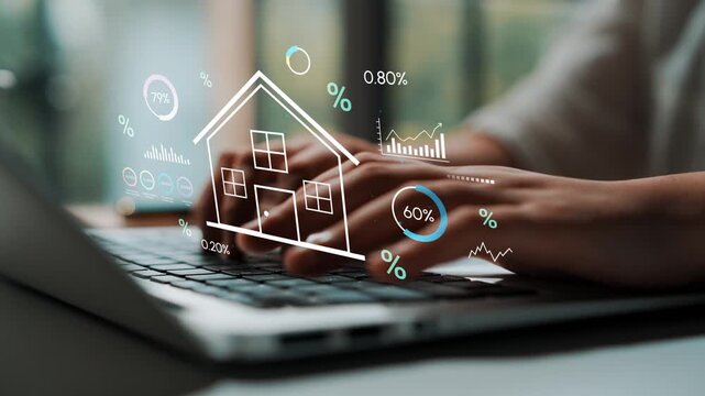 Hands on Laptop with House Icon and Percentage Graphics for Real Estate Investment Analysis and Financial Planning in Modern Office Environment. Entropy.