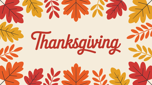 Thanksgiving greeting card features a decorative border of autumn leaves around central text.