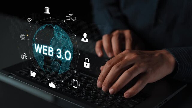 Hands Typing on a Laptop Keyboard with Web 3.0 Graphics and Digital Icons Representing Connectivity, Data Security, and Future Technology Concepts in a Dark Environment. Entropy.