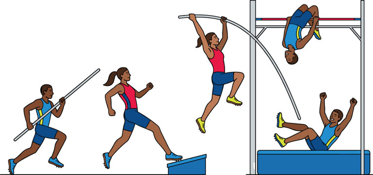 Pole vault track and field sport sequence vector illustration showing run approach plant takeoff bar clearance and landing landing