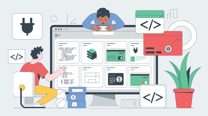 Naklejka premium Software developer works on a large computer monitor while coding and managing web interface projects.