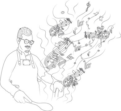 Chef Cooking with Musical Notes Floating from Pot Line Art Vector Illustration
