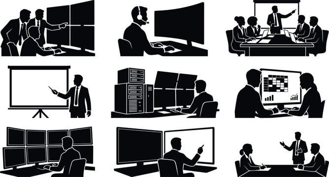 Business Team Management and Monitoring Silhouette Collection for Corporate Office OperationsBusiness Team Management and Monitoring Silhouette Collection for Corporate Office Operations