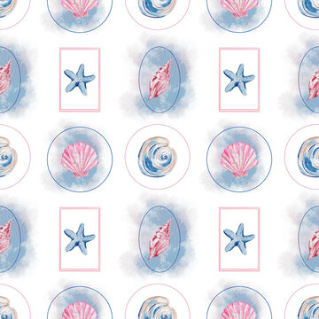 Seamless watercolor hand drawn patterns with illustrations of seashells. Pattern for textile, fabric, wallpapers, decor and design. 