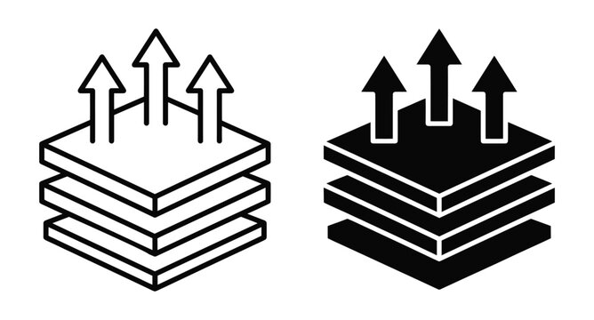 Abstract layered paper stack icon set in outline and solid style. Vector illustration