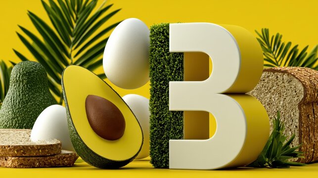 Vitamin B complex icons floating above eggs and avocados, symbolizing nutrition, health, and vitamins in a clean, modern style for food and wellness concepts.