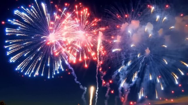 Fireworks display night sky photo. Bright red, white, and blue explosions with sparkling trails. Festive celebration photography for Independence Day and New Year events.