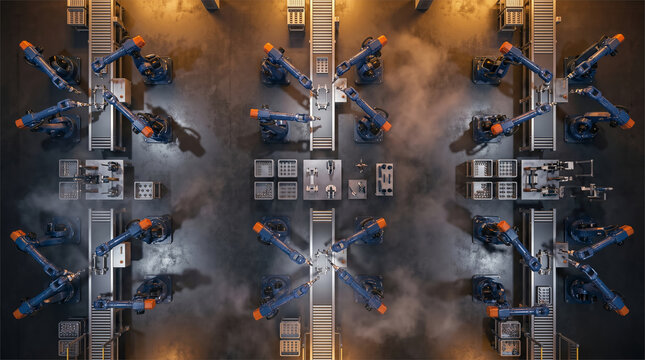 Symmetrical Aerial View of Robot Arms on Automated Production Line