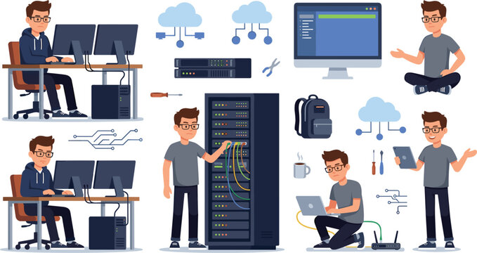 System administrator and IT engineer character icon set working with data center server rack and cloud computing hardware vector