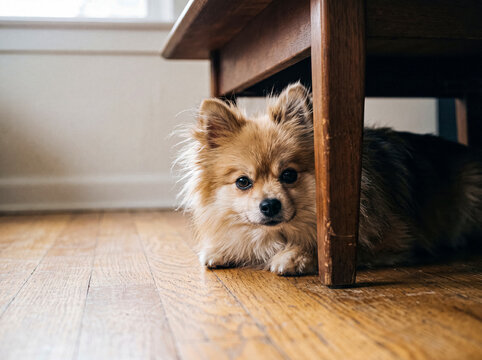 Charming Pomeranian puppy relaxing beneath a sturdy wooden table on a bright hardwood floor in a home setting.