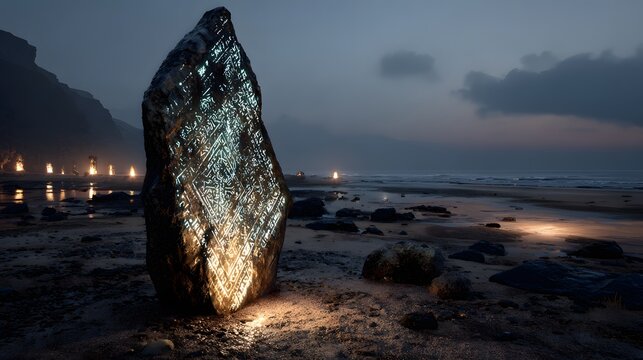 Glowing ancient runestone standing on a dark misty beach at twilight