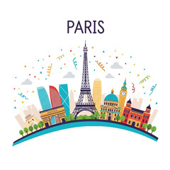 Fototapeta premium Cute vector illustration of the Paris skyline featuring the Eiffel Tower, Arc de Triomphe, and Sacre-Coeur on a curved horizon with colorful confetti and bold Paris text.