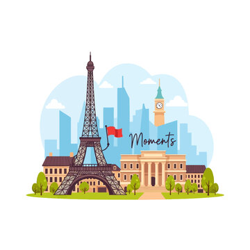 Cute cartoon vector illustration of the Paris skyline featuring the Eiffel Tower, historic French architecture, clock tower, and green park trees with text reading Moments on white.