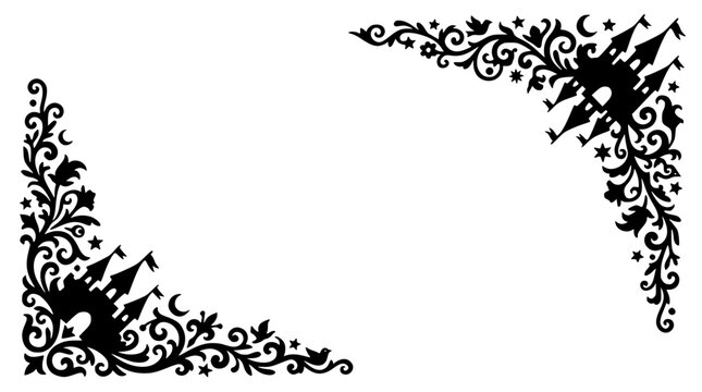 Decorative fairy tale castle corner border silhouette with magic elements