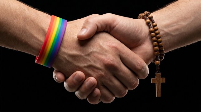 Close up of a firm handshake between two individuals where one person wears a rainbow pride wristband and the other wears a wooden rosary with a cross isolated on a solid black background