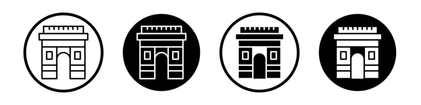 Arc de Triomphe icon collection in black and white filled and outlined style for web.