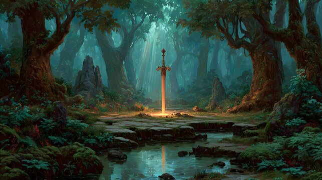 Glowing magic sword stuck in a stone altar in an enchanted forest clearing