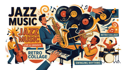 Jazz Music Collage: Saxophone, Trumpet, Piano, Drums, Vinyl Records, Retro Style © Abdul