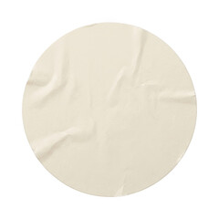 Round beige paper sticker with creased texture isolated on transparent background