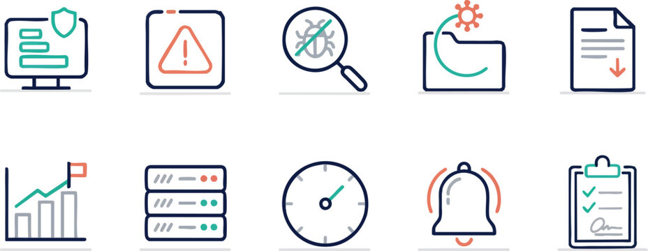 Cybersecurity and data management line icons, set of 10 vector business technology symbols, network security and analytics web graphics