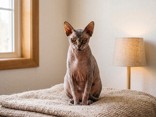 Naklejka premium Bright photograph of an alert hairless sphynx cat sitting comfortably on a soft blanket inside a cozy home.
