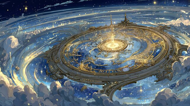 Golden celestial clockwork structure floating above a cosmic cloud landscape
