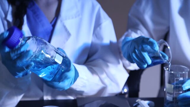 Female researcher's hands mixing solution through pipette at chemistry lab