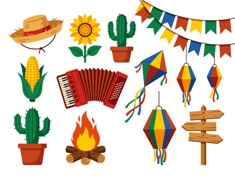 Festa Junina Brazilian Festival Vector Icon Set for S&atilde;o Jo&atilde;o Celebration
