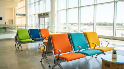 Fototapeta premium Colorful passenger waiting area seats in modern airport terminal 
