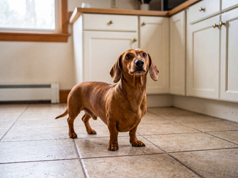 Adorable brown dachshund dog standing on tiled kitchen floor, looking up expectantly in a clean home environment.