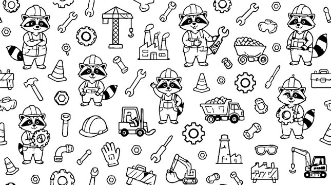 Cute raccoon characters in construction worker outfits and tools.