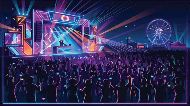 Vibrant festival crowd, neon lights, music event, colorful illustration, party atmosphere