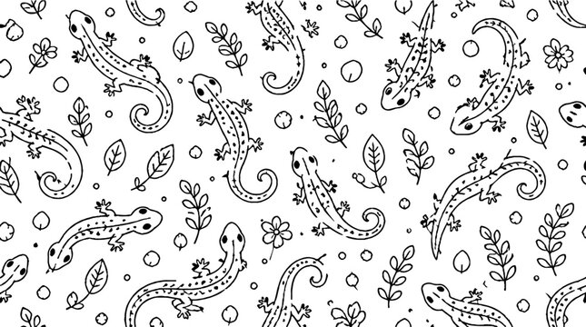 Intricate black and white lizard and floral pattern design.